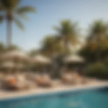 Serene beach club atmosphere with loungers and umbrellas