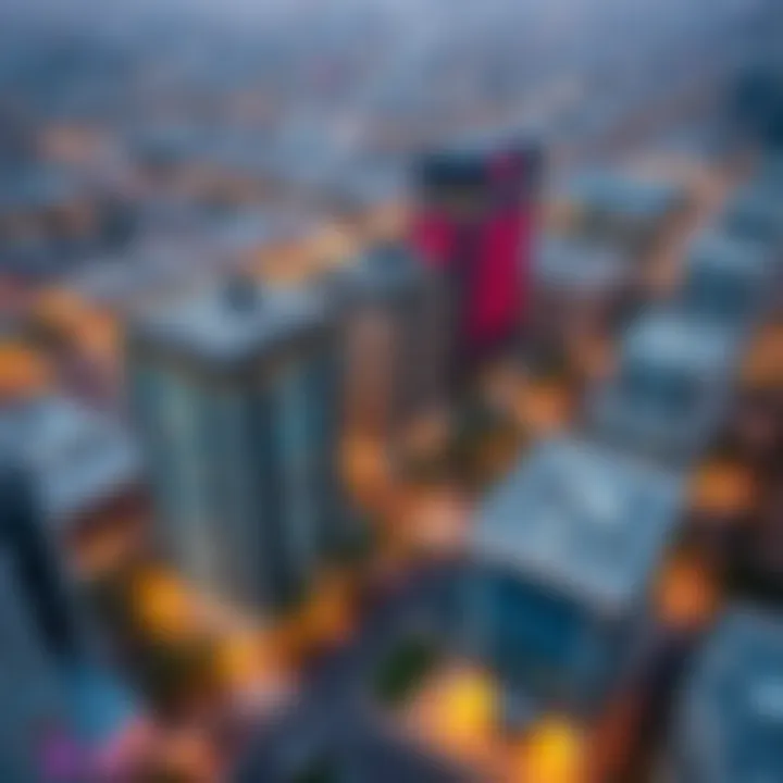 Aerial view of commercial buildings in Al Qusais with vibrant surroundings