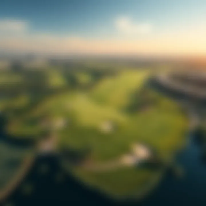 Aerial perspective highlighting the lush golf course surrounding the development