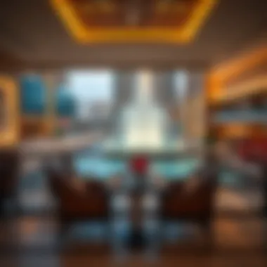 Dining Area Overlooking the Fountain A stunning view of Dubai Mall dining area with fountain in the background