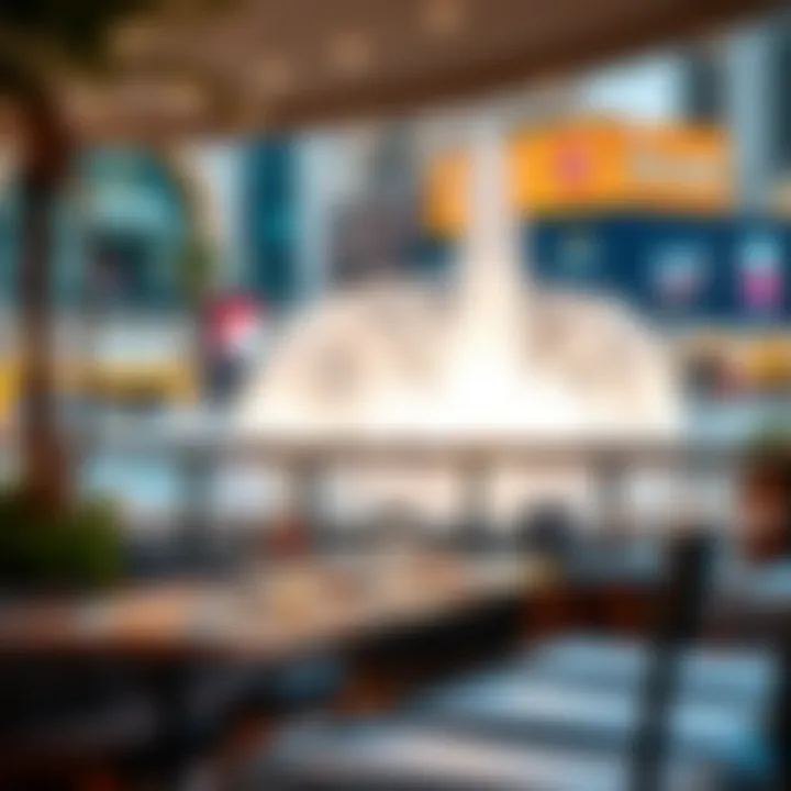 Outdoor Dining Setup by the Fountain A vibrant outdoor dining setup at Dubai Mall near the fountain