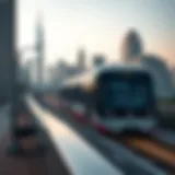 A modern metro train gliding through the Dubai skyline