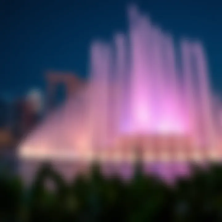 A stunning night view of the Dubai Mall Fountain Show with illuminated jets of water