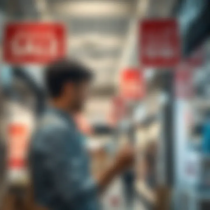 A shopper examining price tags amidst seasonal sale signs