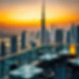 A stunning view of Dubai's skyline from a rooftop restaurant at sunset