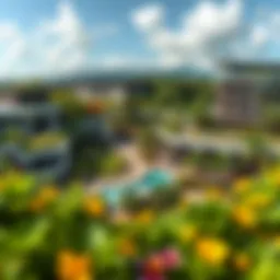 A panoramic view of Discovery Gardens showcasing lush green spaces and modern architecture