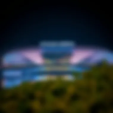 The exterior of Etihad Arena illuminated at night, highlighting its architectural brilliance.