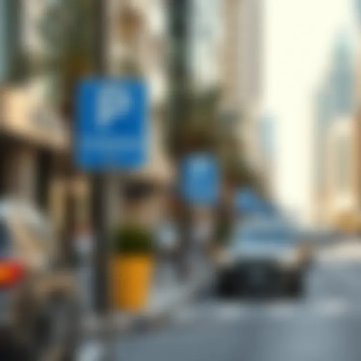 A bustling street in Dubai with clear parking regulations signage and vehicles parked accordingly.