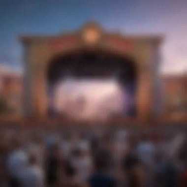 A vibrant performance stage with artists entertaining a diverse audience.