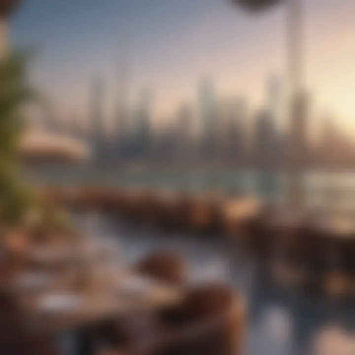 A scenic view of Dubai skyline with cafes in the foreground