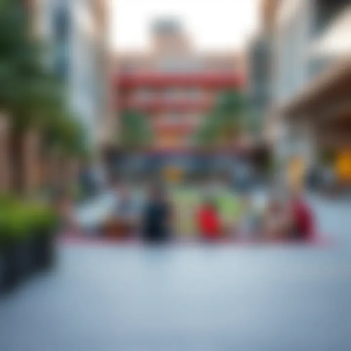 A vibrant urban plaza filled with families enjoying a picnic