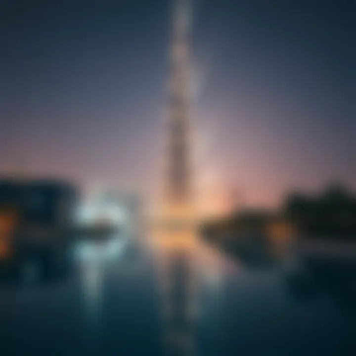 Night view of the Burj Khalifa with reflective water surface