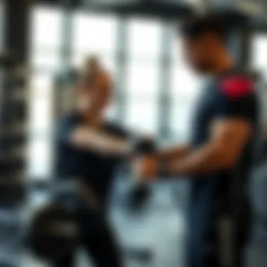 A personal trainer assisting a client during a workout