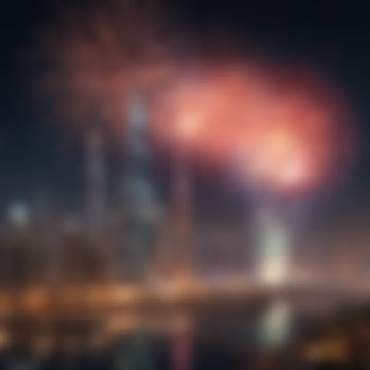 Colorful fireworks illuminating the skyline of Dubai during New Year's Eve celebrations