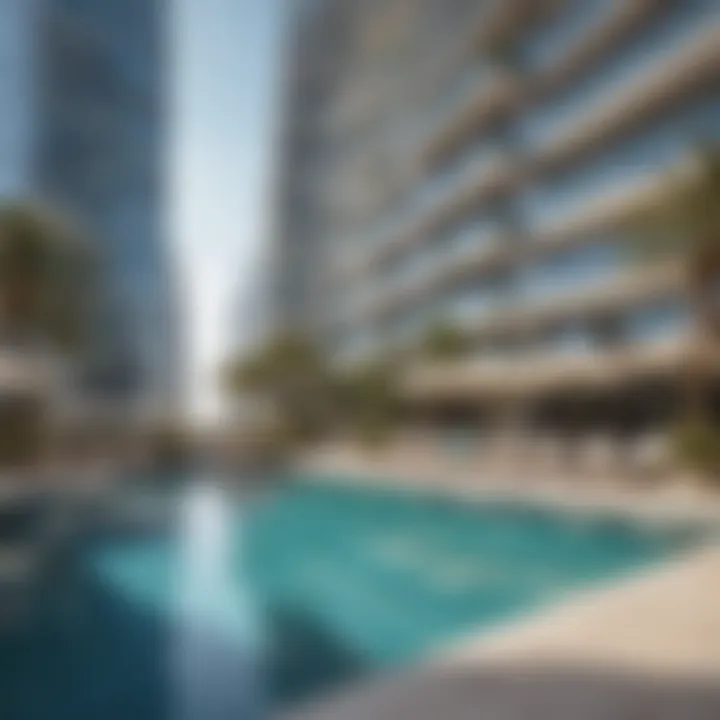 Panoramic poolside area showcasing amenities of Marina Heights Tower