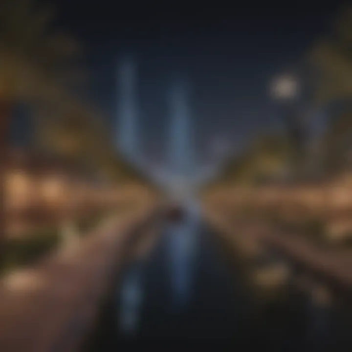 Nighttime ambiance of Riverland Dubai with illuminated pathways