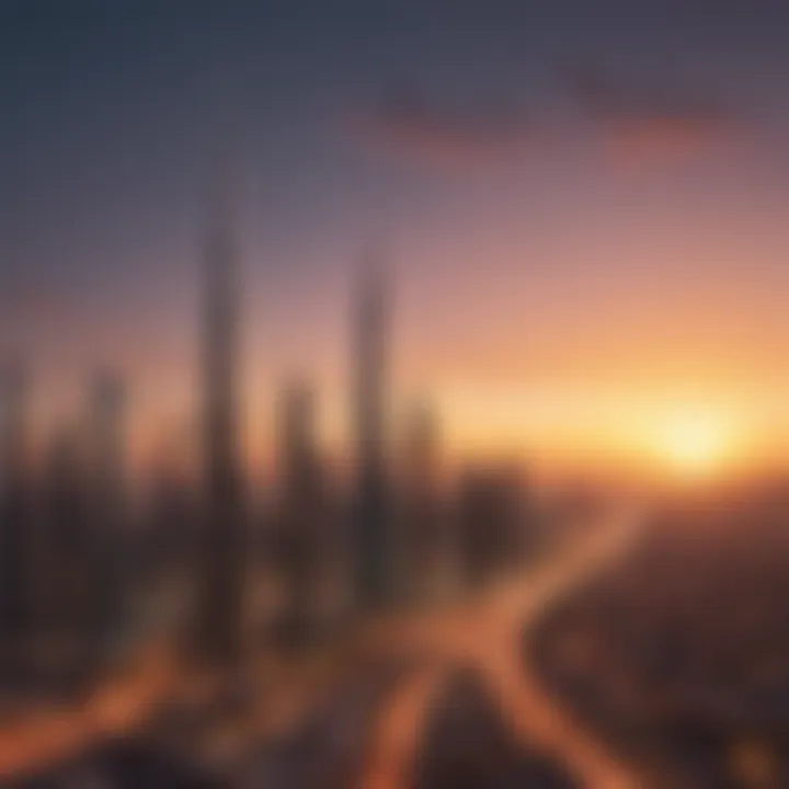 A scenic view of the Dubai skyline during sunset