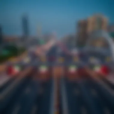 Aerial view of Dubai highway with Salik toll gates